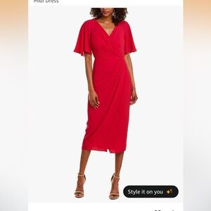 Maggy London Women's Short Flutter Sleeve Faux Wrap Midi Dress